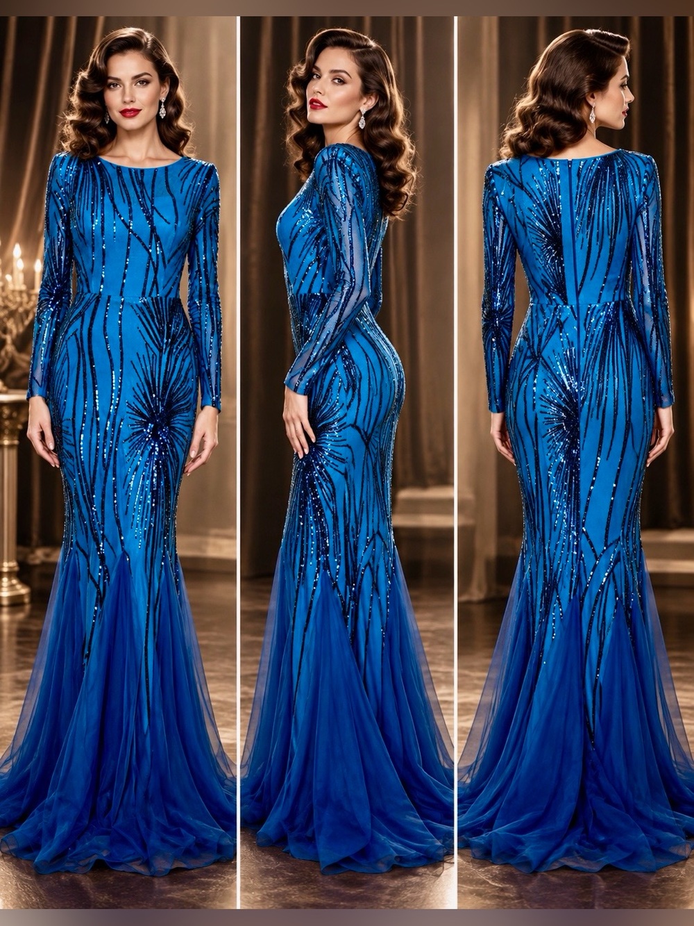 Xuibol Blue Sequin Art Deco Long Sleeve
Mermaid Evening Gown, Size Small